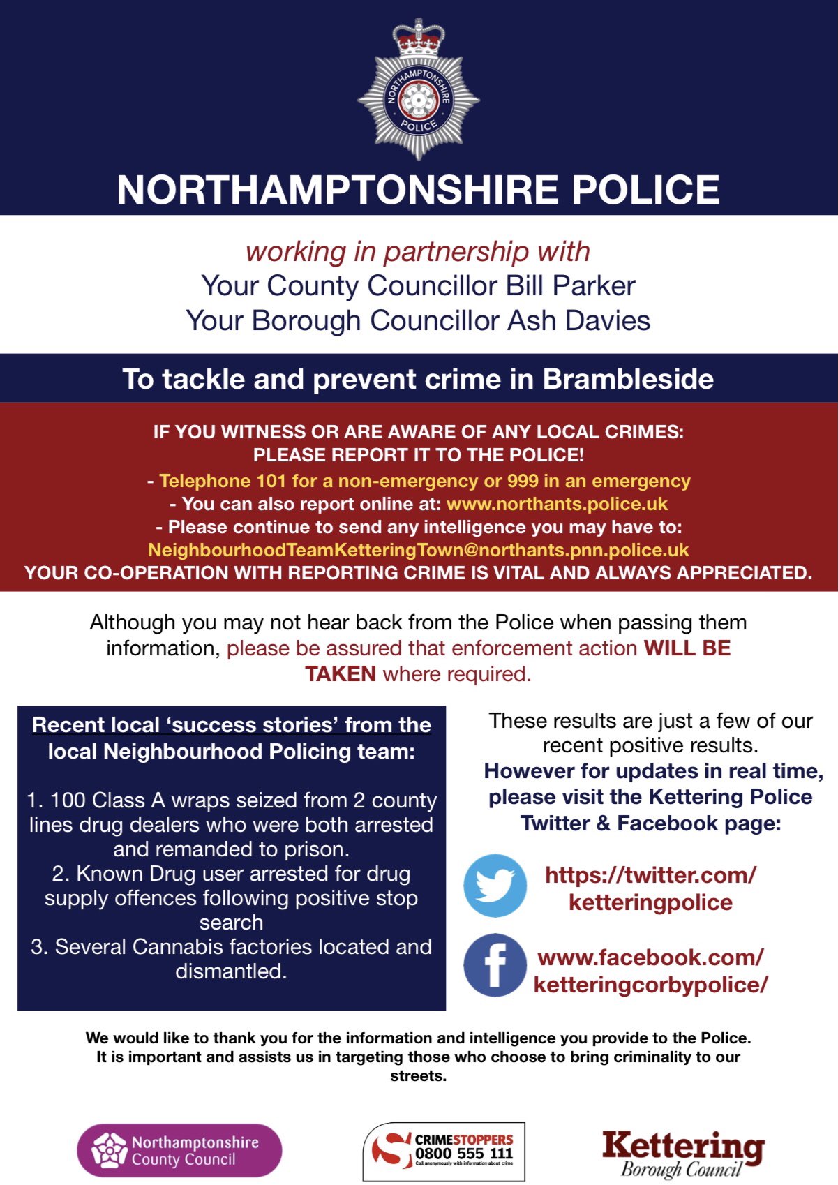 Kettering Conservatives local councillors Brambleside Ward Northants police leaflet 